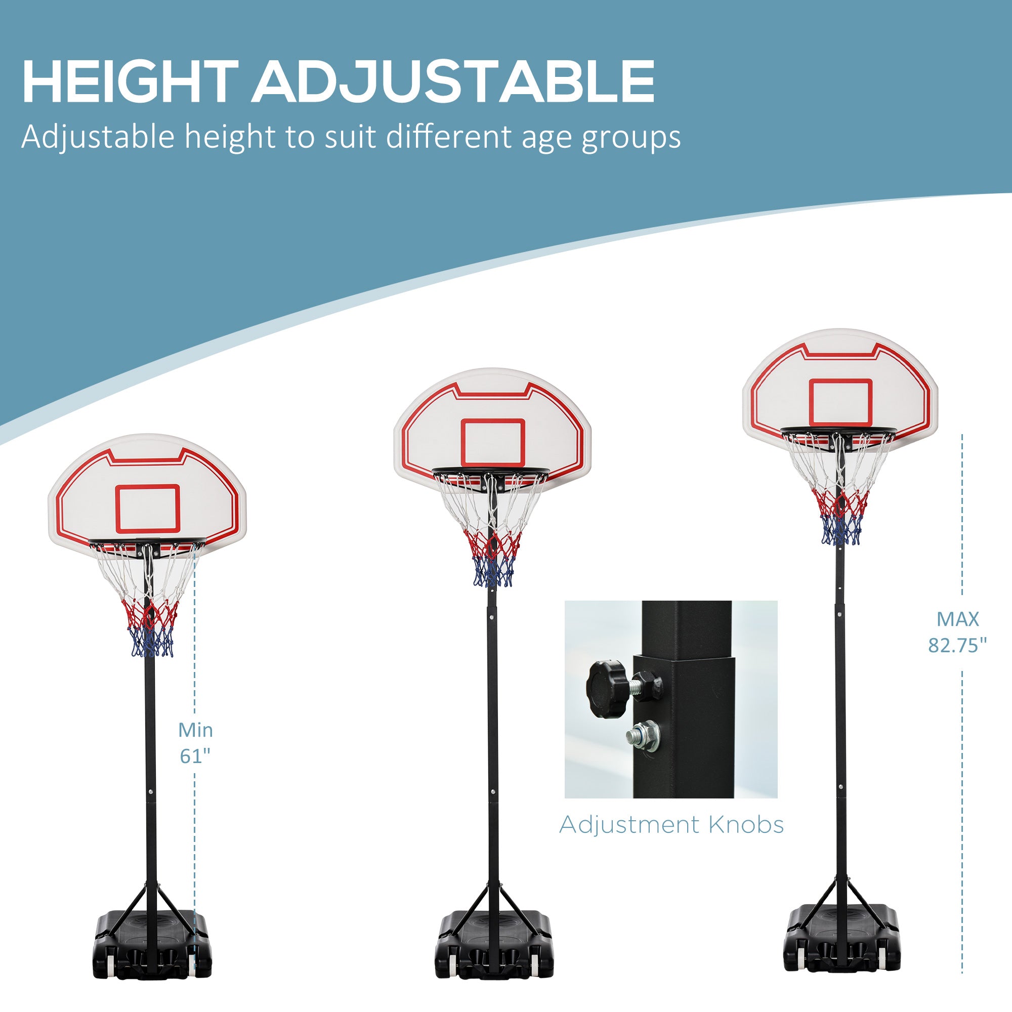 Basketball Hoop Outdoor, Portable Basketball Hoop and Stand with Weighted Base, Portable on Wheels, 1.55-2.1m, for Teens, Juniors, Adults, White