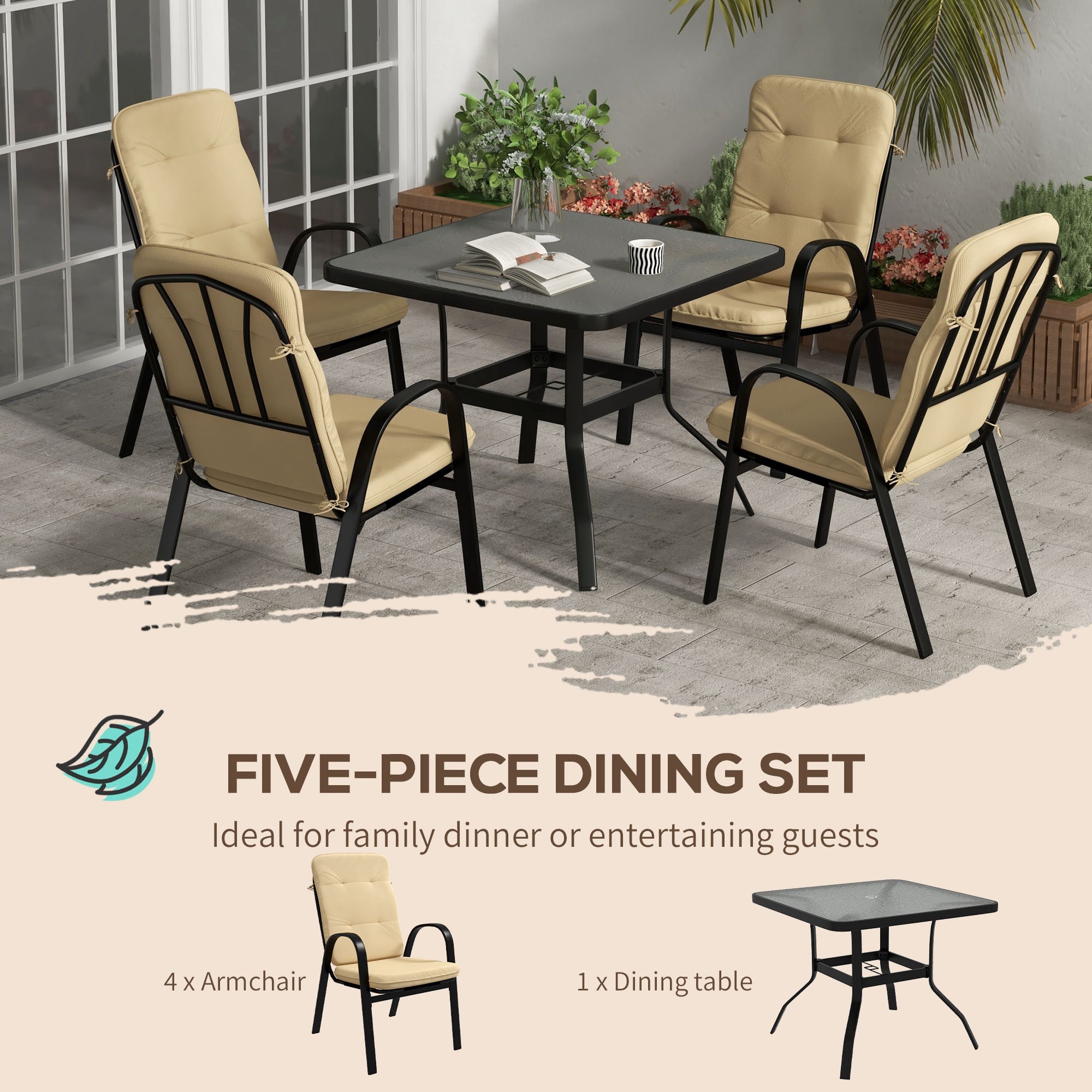 5 Pieces Outdoor Square Garden Dining Set w/ Tempered Glass Dining Table 4 Cushioned Armchairs, Umbrella Hole, Beige