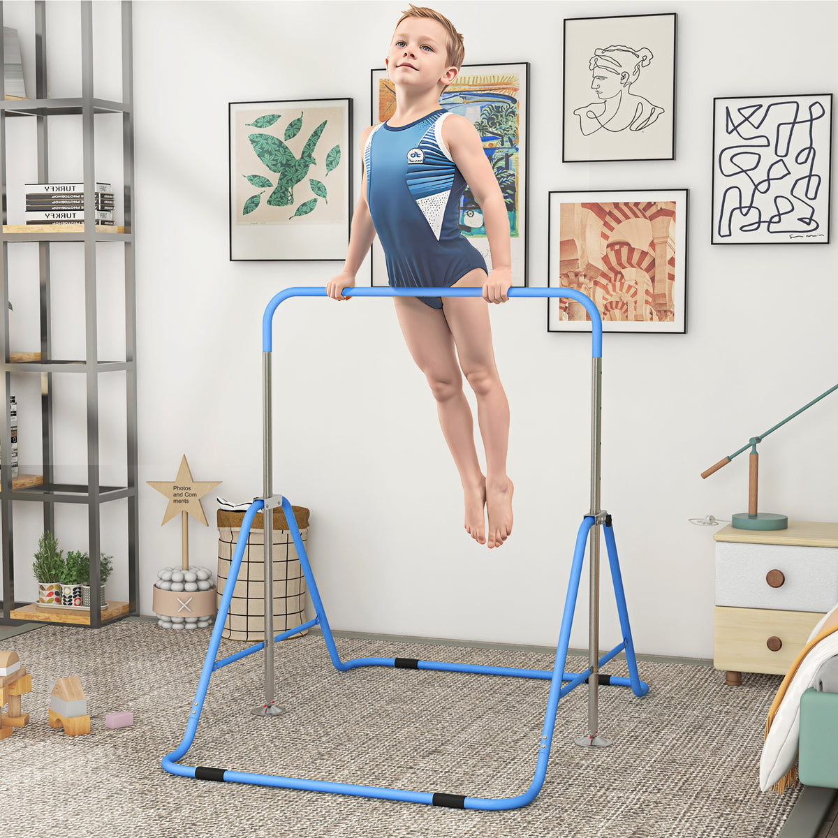 Kids Gymnastic Bar, with Adjustable Height, Foldable Horizontal Bars - Blue