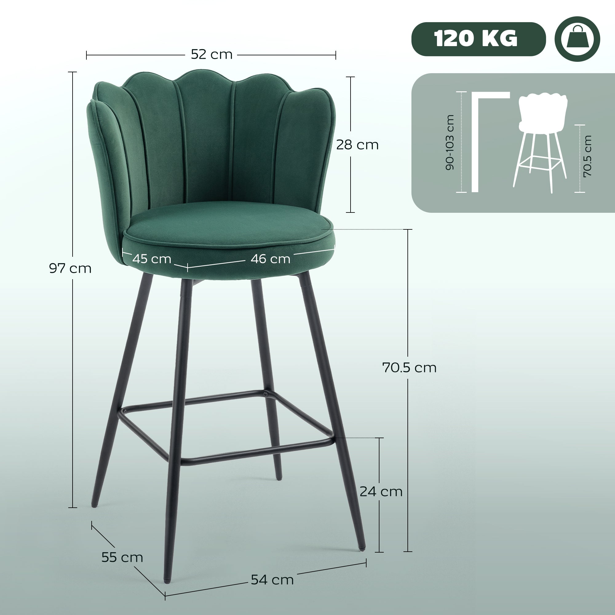 Fynco - Set of Two Velvet-Feel Lotus Bar Stools - Dark Green
