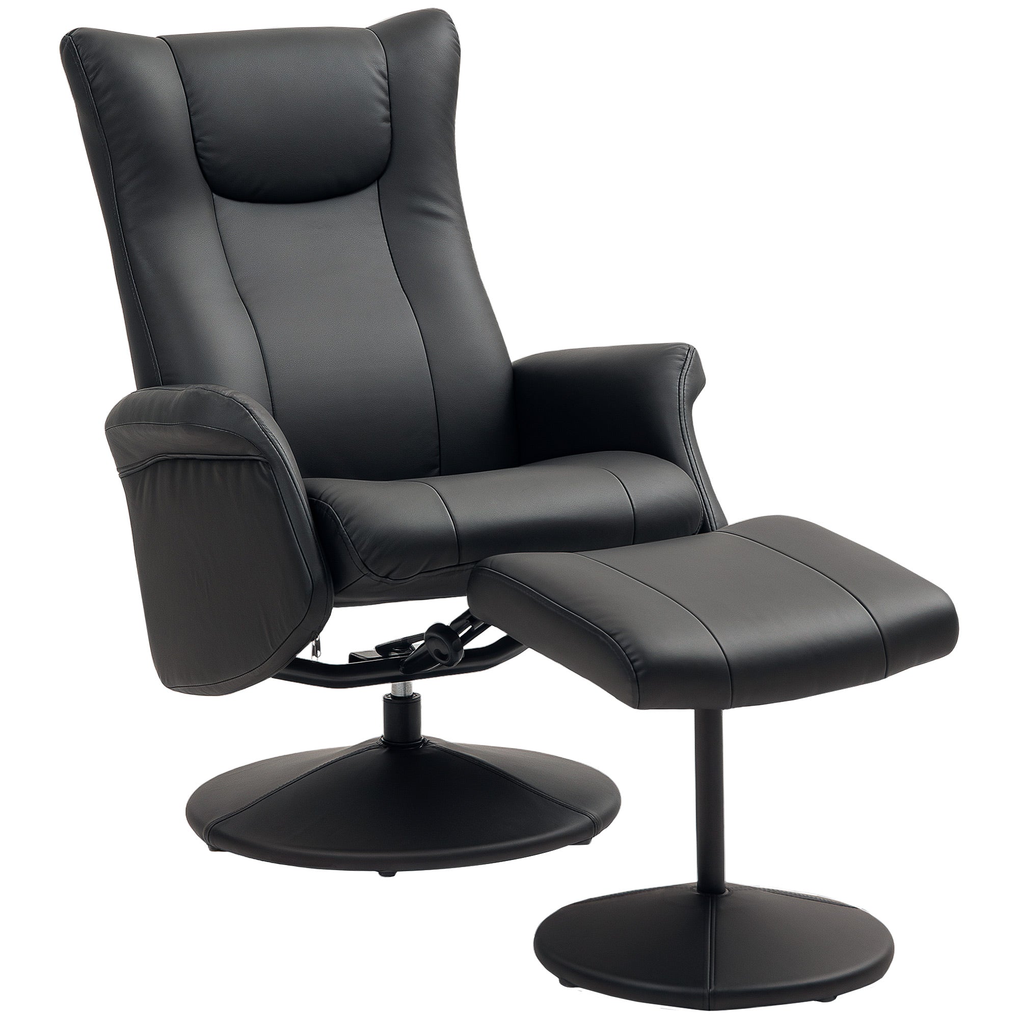 Swivel Recliner Chair with Footstool, PU Leather Recliner Armchair with Adjustable Back and Steel Frame, Reclining Chair Lounge with Flared Armrests for Living Room, Black