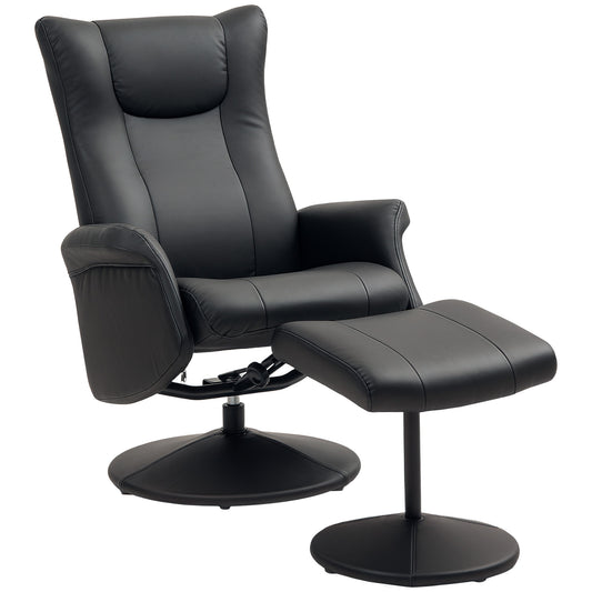 Swivel Recliner Chair with Footstool, PU Leather Recliner Armchair with Adjustable Back and Steel Frame, Reclining Chair Lounge with Flared Armrests for Living Room, Black