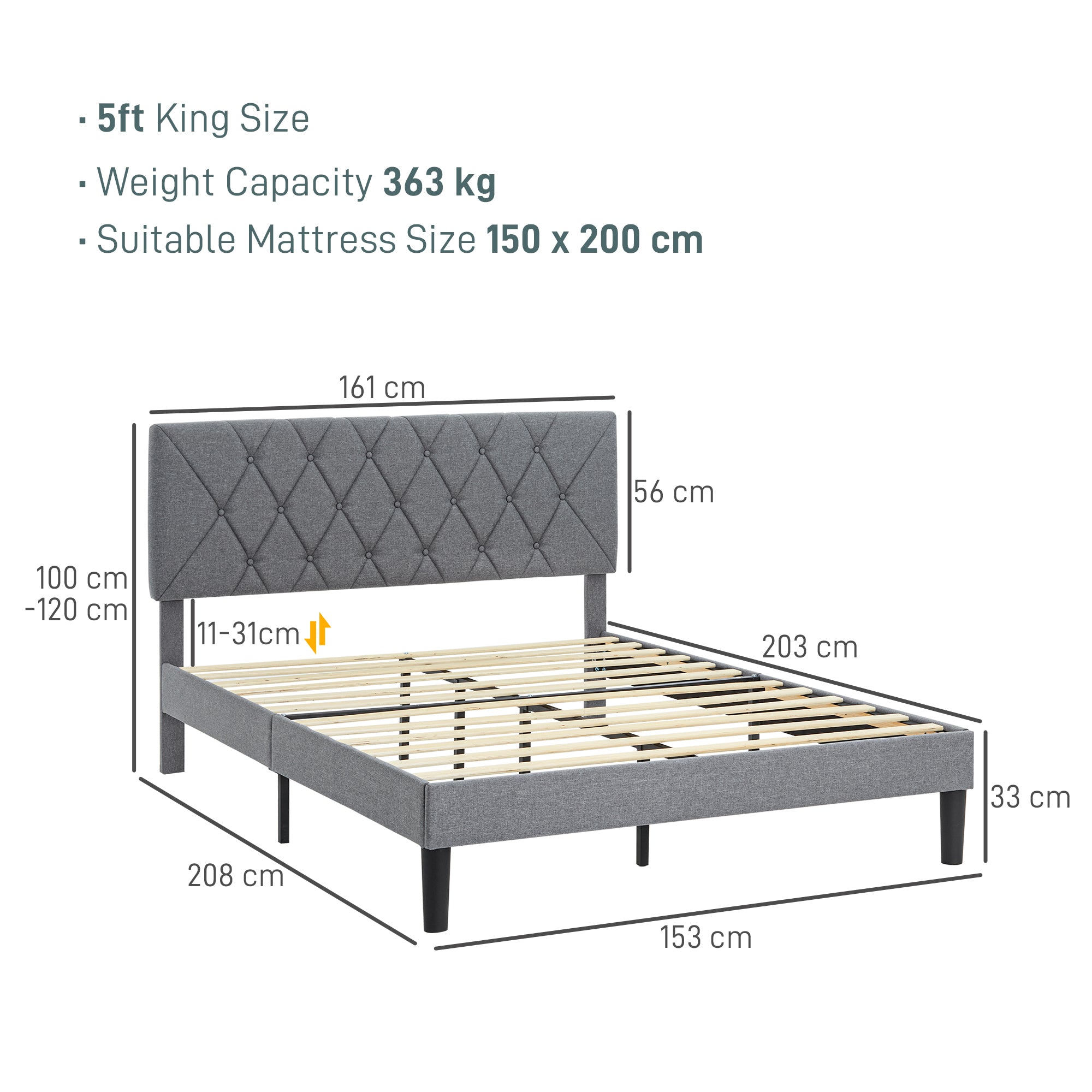 King Size Padded Fabric Headboard Bed Frame - Grey