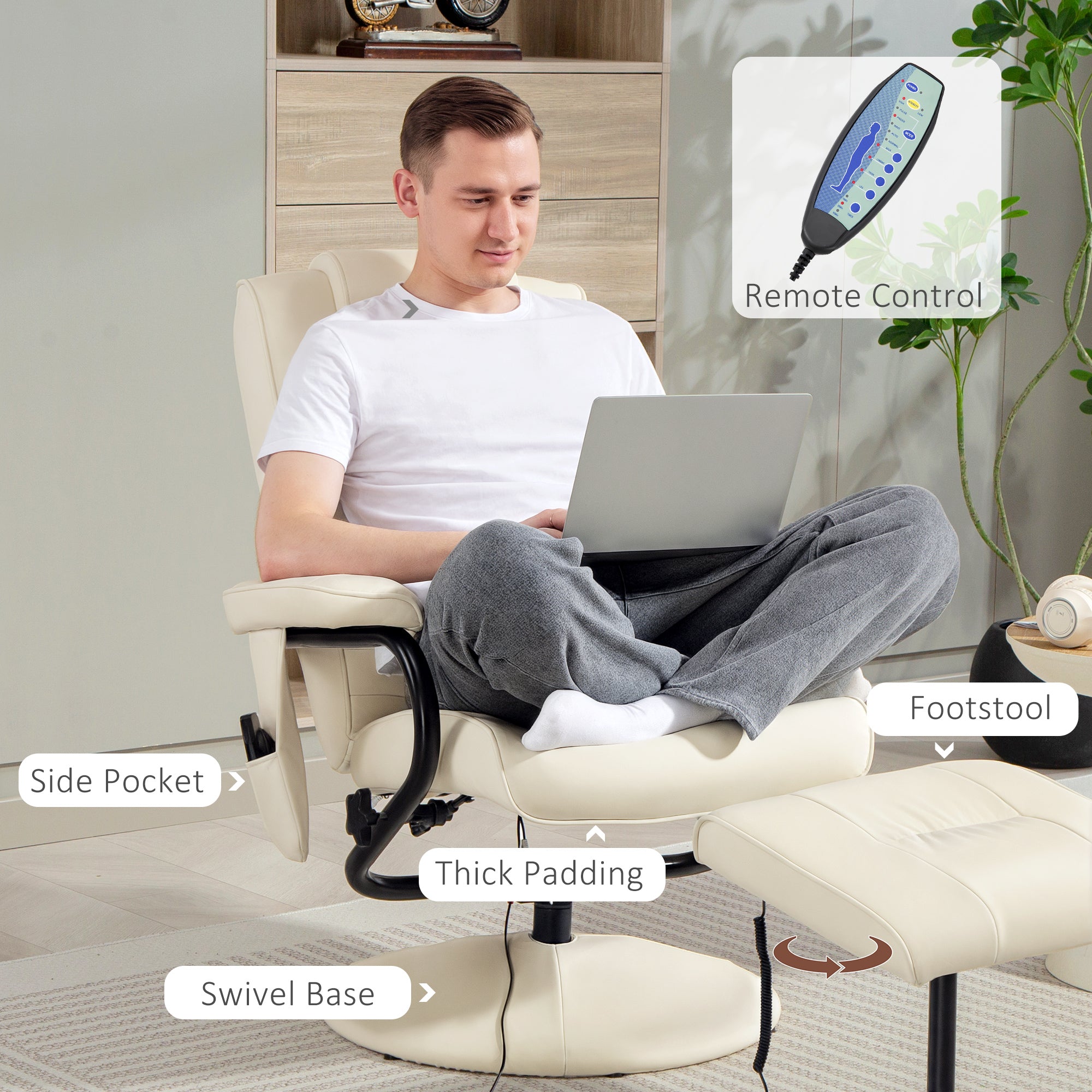 Swivel Recliner Chair and Footstool, Faux Leather Massage Recliner Armchair with Remote Control and Round Wrapped Base, Cream White