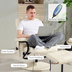 Swivel Recliner Chair and Footstool, Faux Leather Massage Recliner Armchair with Remote Control and Round Wrapped Base, Cream White