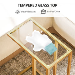 C-Shaped Side Table, Modern Slim End Table with Tempered Glass Tabletop, Steel Frame for Small Space, Living Room, Bedroom, Gold Tone