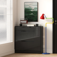 Fynco - Shoe Storage Cabinet with Slide Out Drawer, 2 Flip Doors, Tempered Glass Top - Black