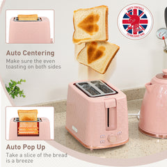 1.7L 3000W Fast Boil Kettle & 2 Slice Toaster Set, Kettle and Toaster Set with Auto Shut Off, Browning Controls, Light Pink