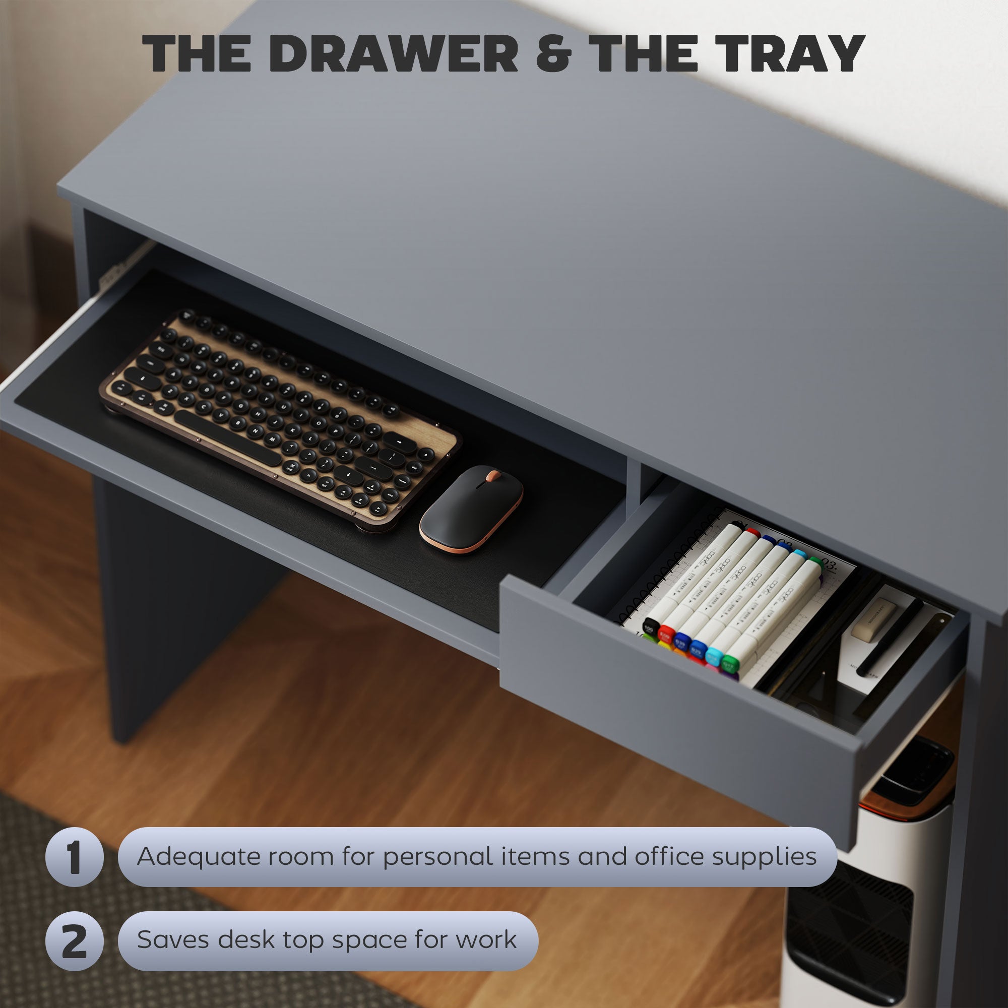 100cm Compact Computer Desk with Keyboard Tray, Home Office Desk with Drawer for Bedroom Study, Grey