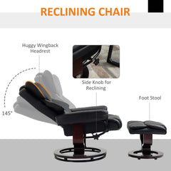 360° Swivel Recliner Chair with Footstool, PU Leather Manual Recliner Armchair with Solid Wood Base, Upholstered Reclining Chair for Living Room, Bedroom, Office, Black