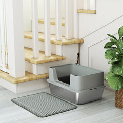 High Sided Stainless Steel Litter Box, Metal Cat Litter Tray with Metal Scoop, Litter Mat, Never Absorbs Odors, Grey