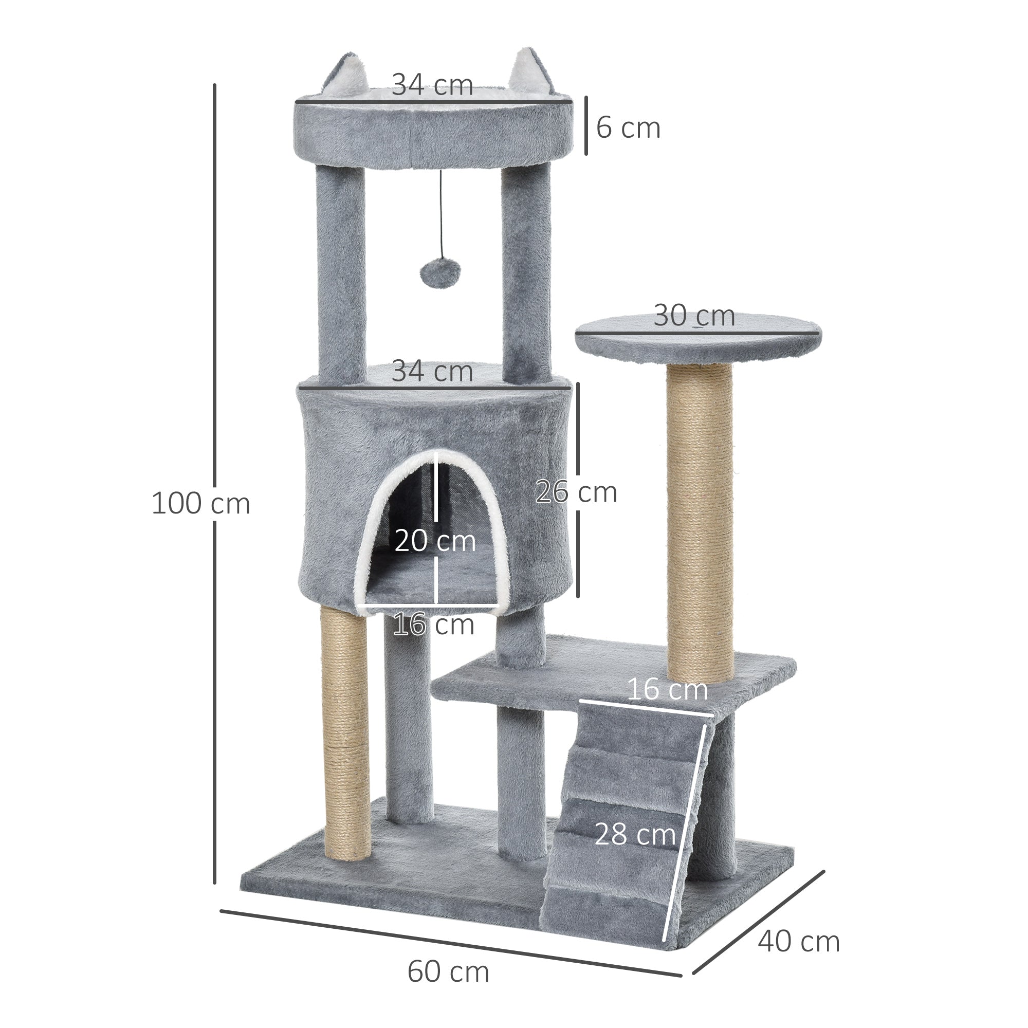100 cm Cat Tree, Cat Condo Tree Tower for Indoor Cats, Cat Activity Centre with Scratching Posts, Plush Perch, Ladder, Hanging Ball - Light Grey