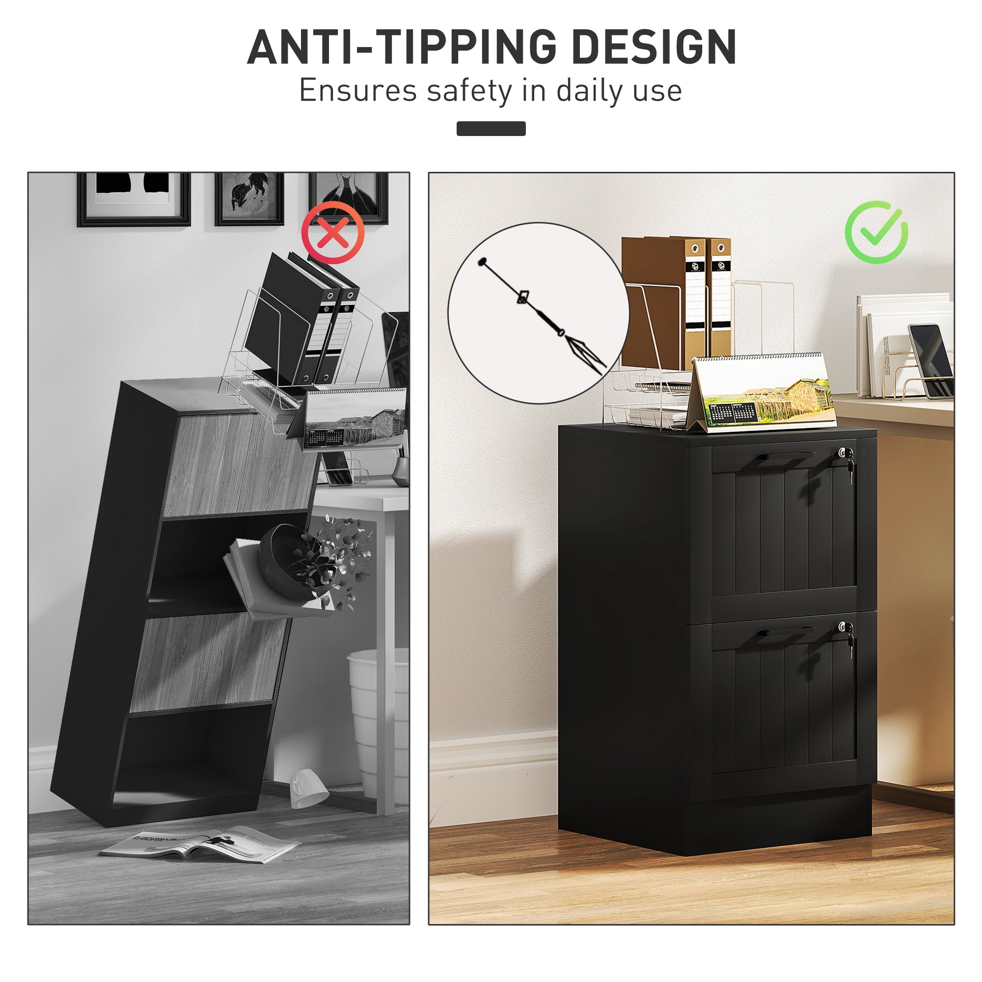 Fynco - 2 Drawer Filing Cabinet with Lock, Office Storage Cabinet with Adjustable Hanging Bars for A4 Letter Size Files, Black