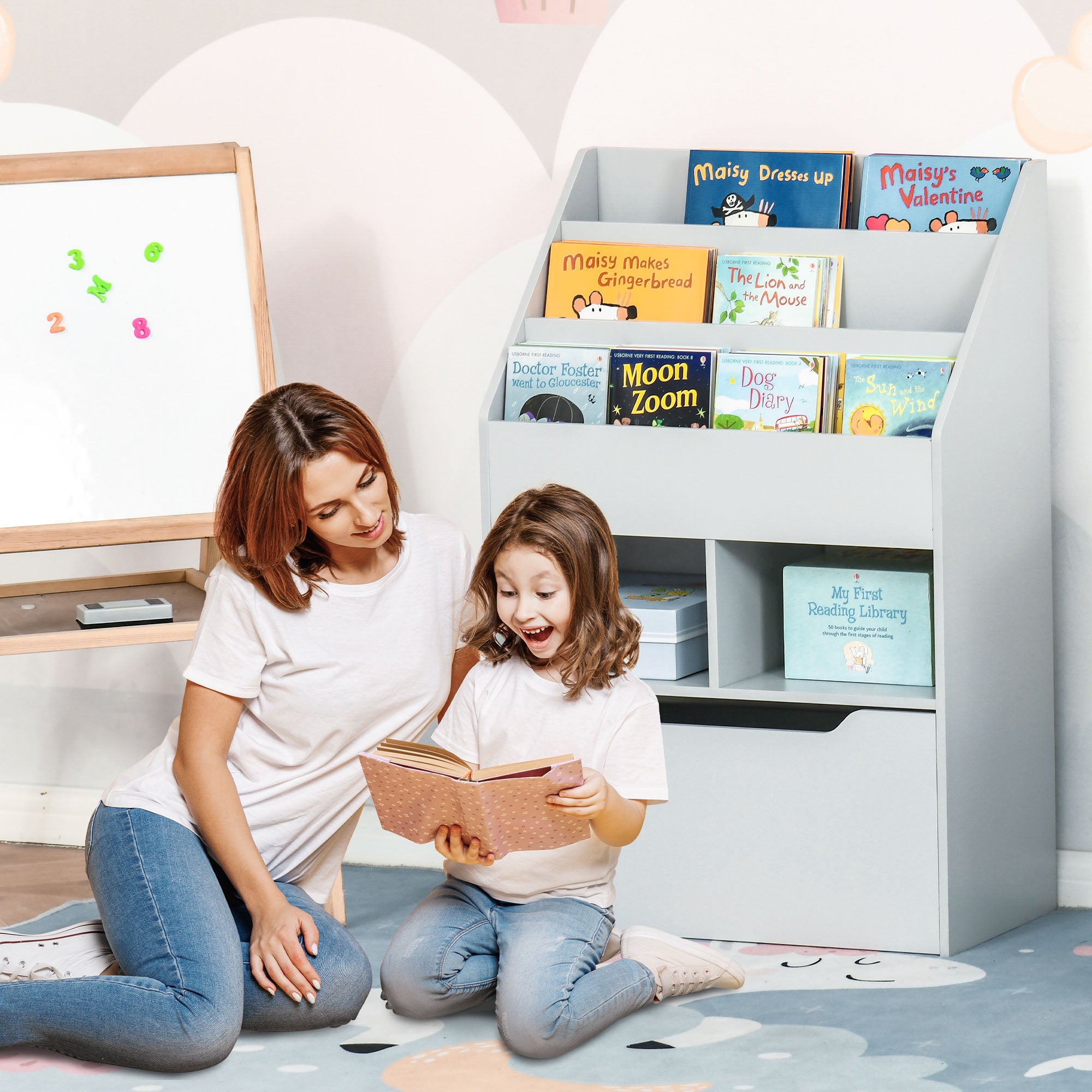 Kids Bookshelf, Toy Organiser, with Storage Drawer, Wheels - Grey