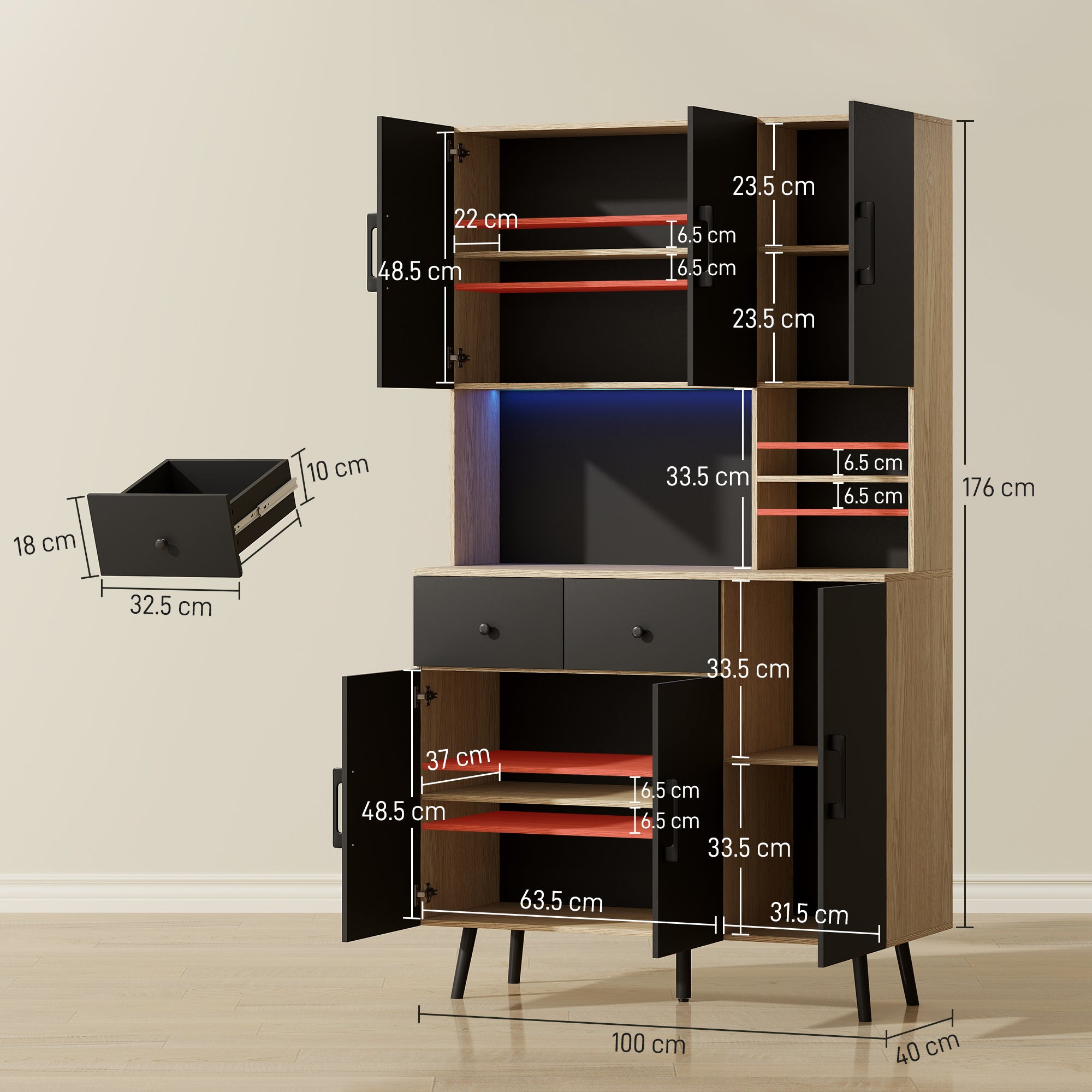 176 cm Kitchen Cupboard with LED Lights - Oak and Black