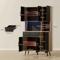 176 cm Kitchen Cupboard with LED Lights - Oak and Black