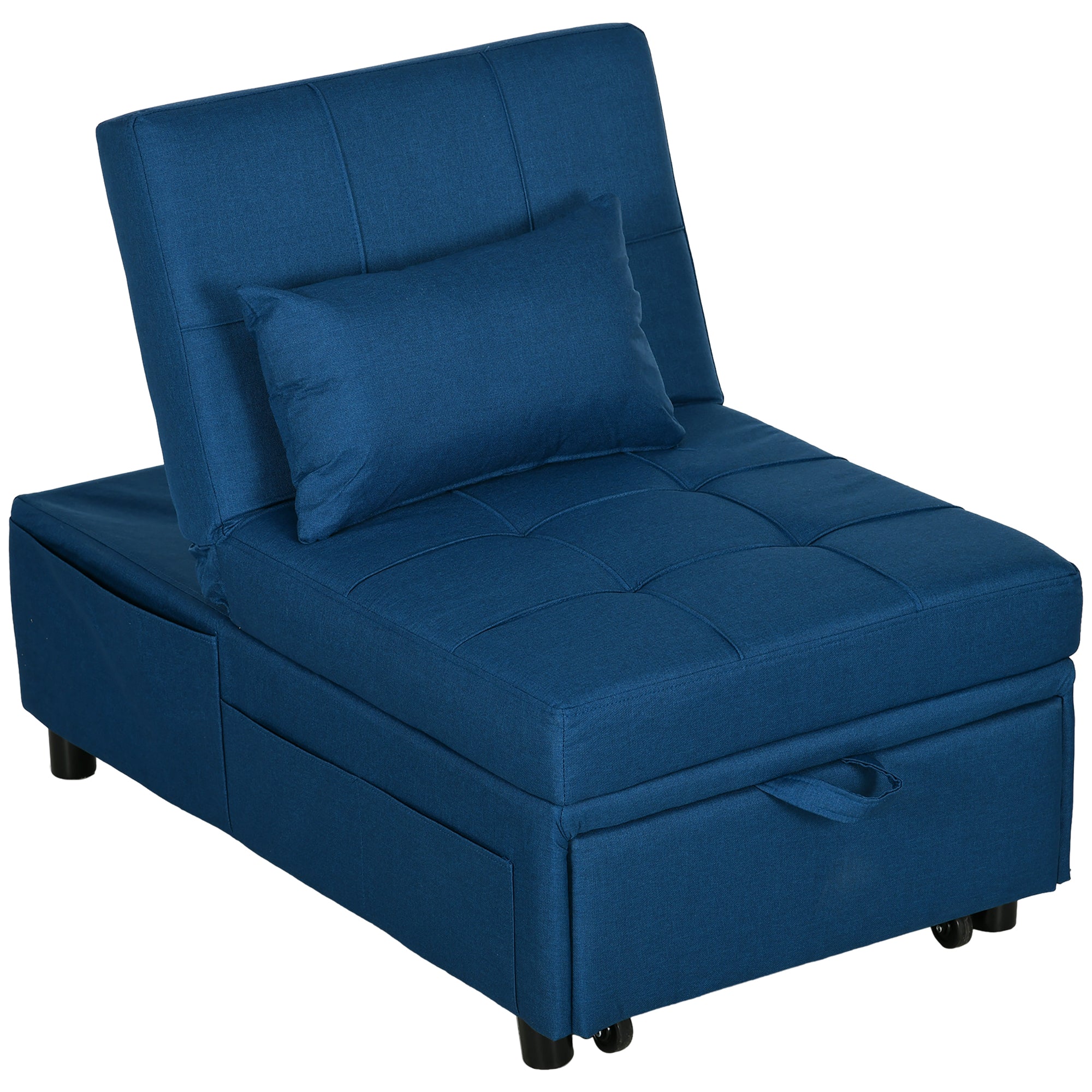 Convertible Chair Bed with Padding Seat, 4-in-1 Multi-Functional Sleeper Sofa Bed, Recliner with Adjustable Backrest, Side Pocket, Wheels and Pillow, for Living Room, Blue