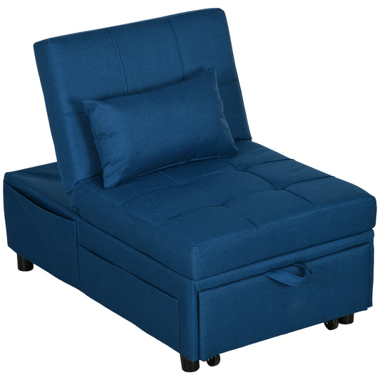 Convertible Chair Bed with Padding Seat, 4-in-1 Multi-Functional Sleeper Sofa Bed, Recliner with Adjustable Backrest, Side Pocket, Wheels and Pillow, for Living Room, Blue