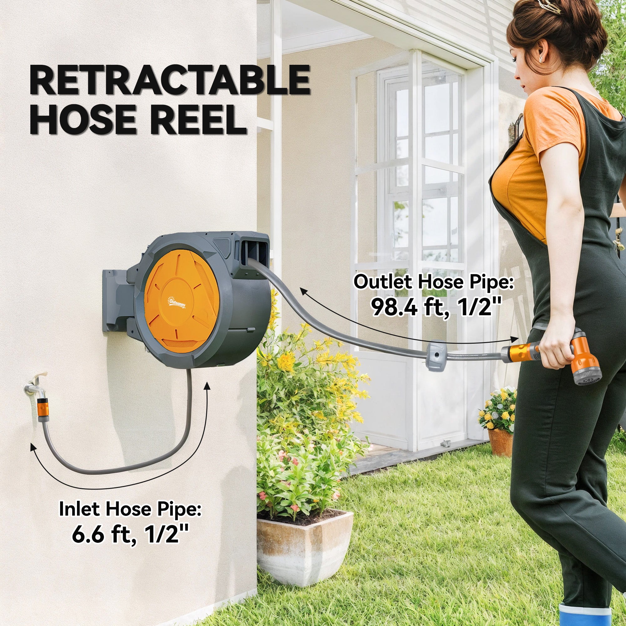 Fynco - Retractable Hose Reel Wall Mounted, 30+2m Garden Hose Pipe Reel with Lock, Auto Rewind, 7 in 1 Spray Nozzle, Includes Wall Fixings, 180° Swivel, Outdoor Watering, Orange
