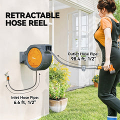 Fynco - Retractable Hose Reel Wall Mounted, 30+2m Garden Hose Pipe Reel with Lock, Auto Rewind, 7 in 1 Spray Nozzle, Includes Wall Fixings, 180° Swivel, Outdoor Watering, Orange