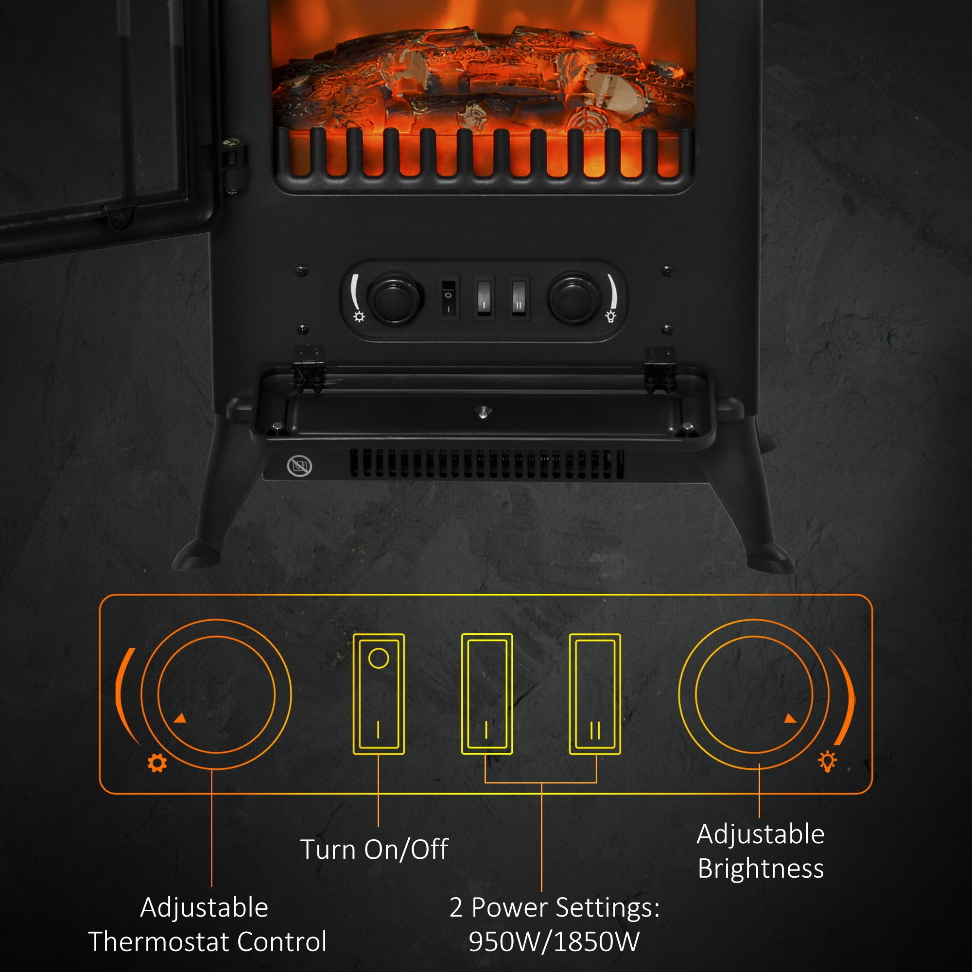Fynco - Freestanding Electric Fireplace Indoor Heater Glass View Log Wood Burning Effect Flame Portable Fireplace Stove 950/1850W Black