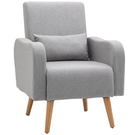 Accent Chair, Linen-Touch Armchair with Pillow, Upholstered Leisure Lounge Sofa for Living Room, Club Chair with Rubber Wooden Frame, Grey