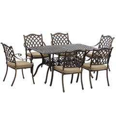 7 PCs Garden Patio Dining Set with Parasol Hole, Cast Aluminium Outdoor Furniture Set with Six Cushioned Chairs and Rectangle Dining Table, for Garden, Lawn, Deck, Bronze Tone