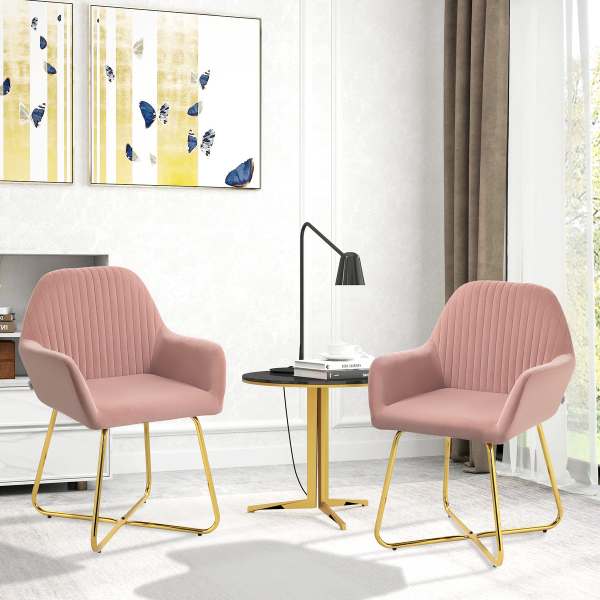 Modern Arm Chair Set of 2 Upholstered Accent Chair with Metal Base for Living Room Pink
