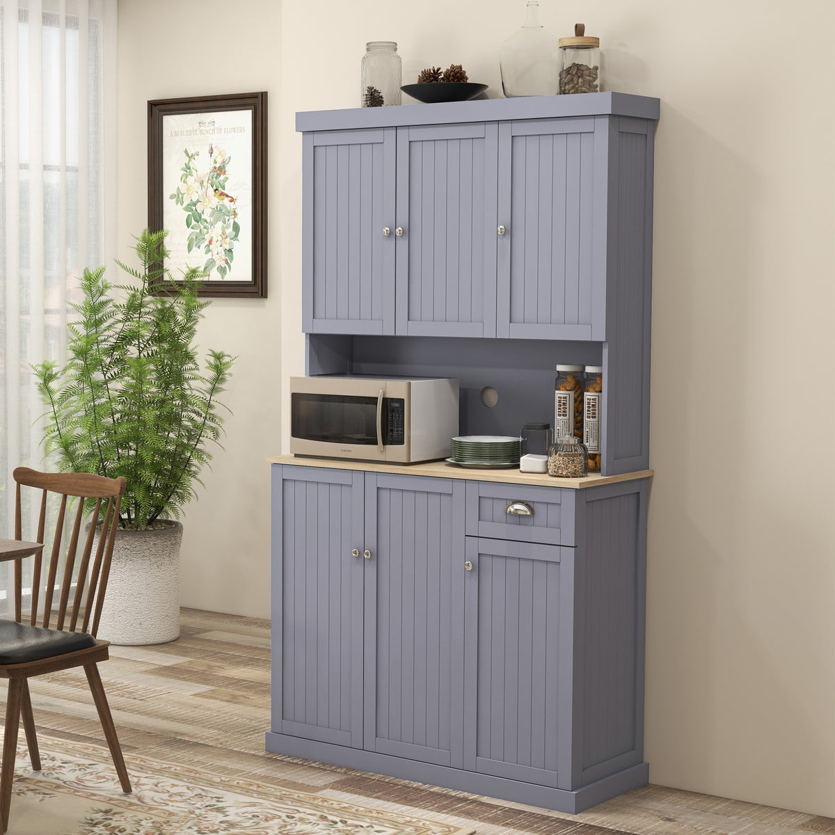 180cm Freestanding Kitchen Cabinet, Modern Storage Cupboard with Open Countertop, Drawer and 6 Doors, Grey