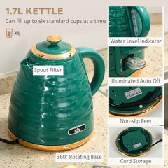 3000W 1.7L Rapid Boil Kettle & 4 Slice Toaster, Kettle and Toaster Set with 7 Browning Controls and Crumb Tray, Green