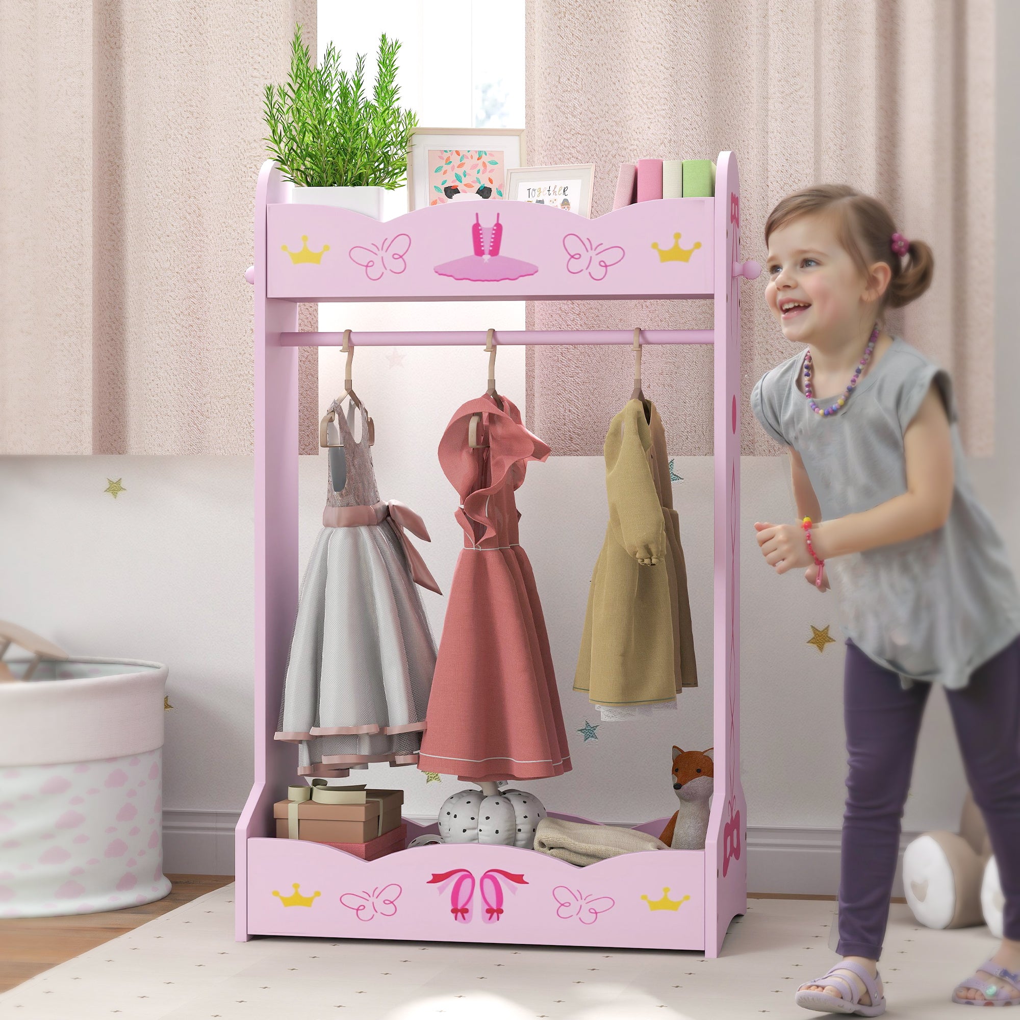 AIYAPLAY Kids Clothes Rail with Two Shelves, for 3-8 Years, Pink