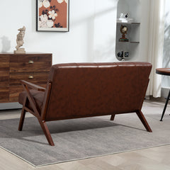 Compact 2 Seater Sofa, Vintage Tufted Loveseat Sofa with Solid Wood Legs, PU Leather Small Couch Settee for Living Room, Bedroom, Home Office, 133 x 81 x 785 cm, Brown