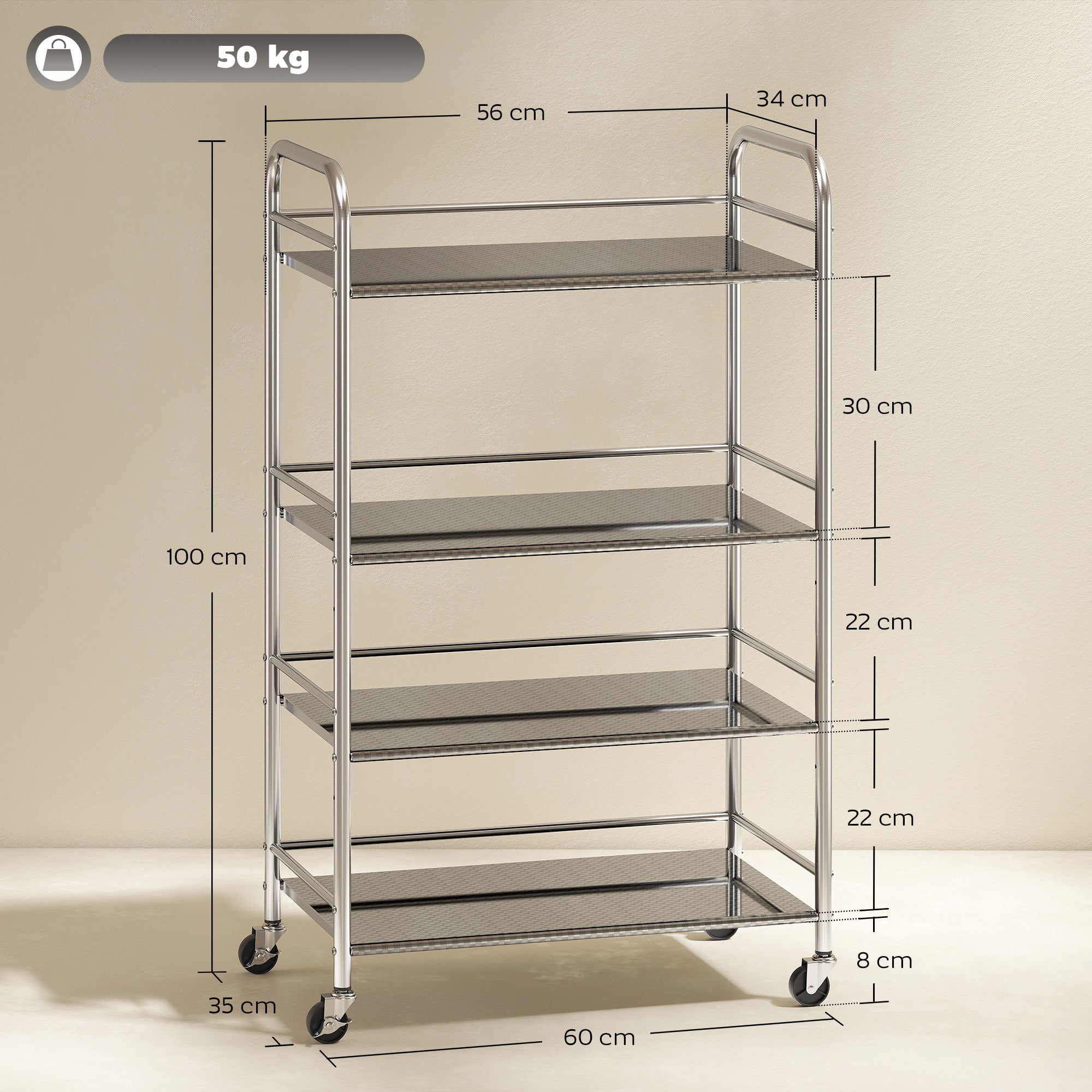 Fynco - 4 Tier Stainless Steel Kitchen Storage Trolley with Adjustable Shelves - Silver