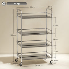 Fynco - 4 Tier Stainless Steel Kitchen Storage Trolley with Adjustable Shelves - Silver