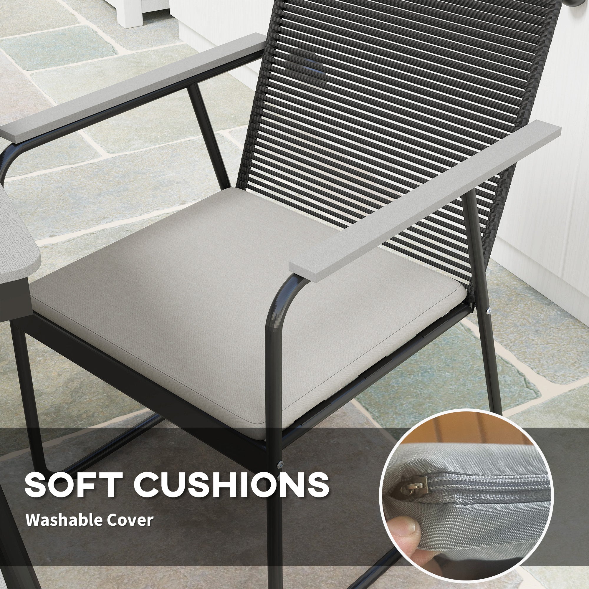 6 Seater Garden Dining Set with Soft Cushions, Rattan Backrest, Rectangular Plastic Top, Garden Furniture Set, Outdoor Dining Table and Chairs for Patio, Balcony, Poolside, Grey