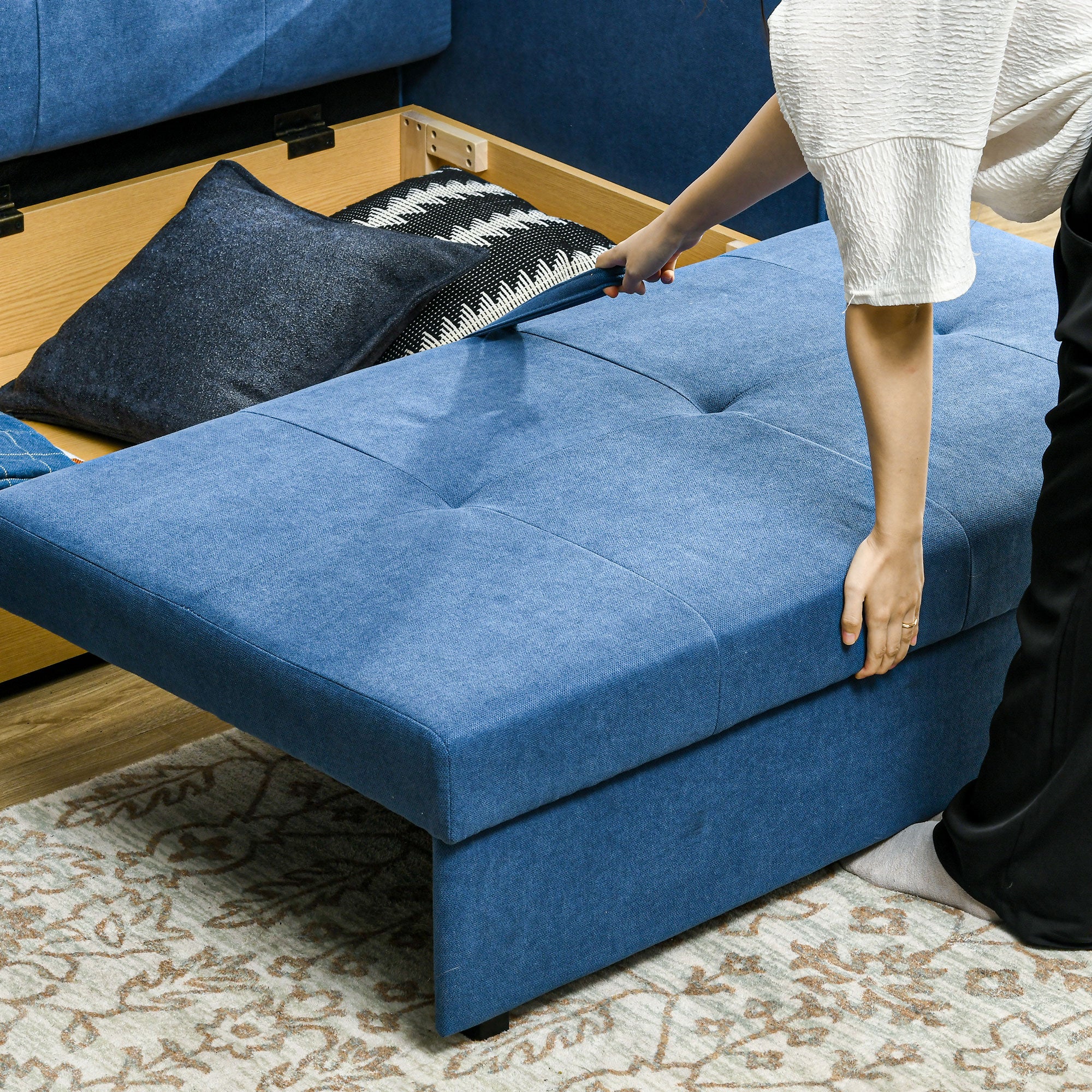 2 Seater Sofa Bed, Convertible Bed Settee, Modern Velvet Loveseat Sofa Couch with 2 Cushions, Hidden Storage for Living Room, Guest Room, Deep Blue