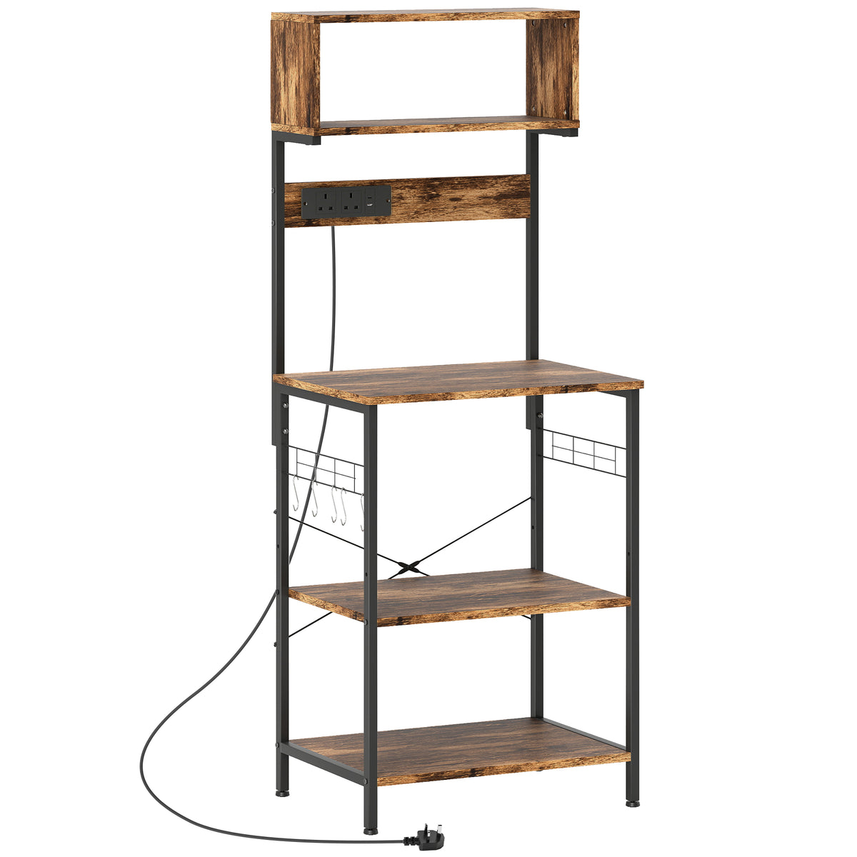Fynco - Bakers Rack with Power Outlet, USB Charger, Microwave Stand with Adjustable Shelves, 5 Hooks for Small Spaces, Kitchen Storage Unit for Spices, Pots and Pans, Rustic Brown