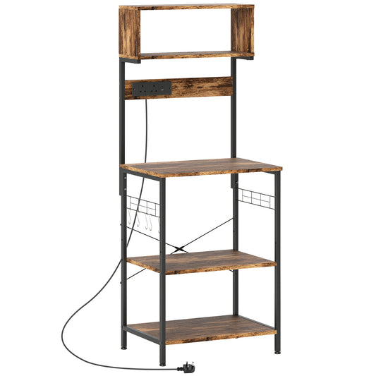 Fynco - Bakers Rack with Power Outlet, USB Charger, Microwave Stand with Adjustable Shelves, 5 Hooks for Small Spaces, Kitchen Storage Unit for Spices, Pots and Pans, Rustic Brown