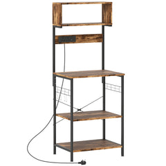 Fynco - Bakers Rack with Power Outlet, USB Charger, Microwave Stand with Adjustable Shelves, 5 Hooks for Small Spaces, Kitchen Storage Unit for Spices, Pots and Pans, Rustic Brown