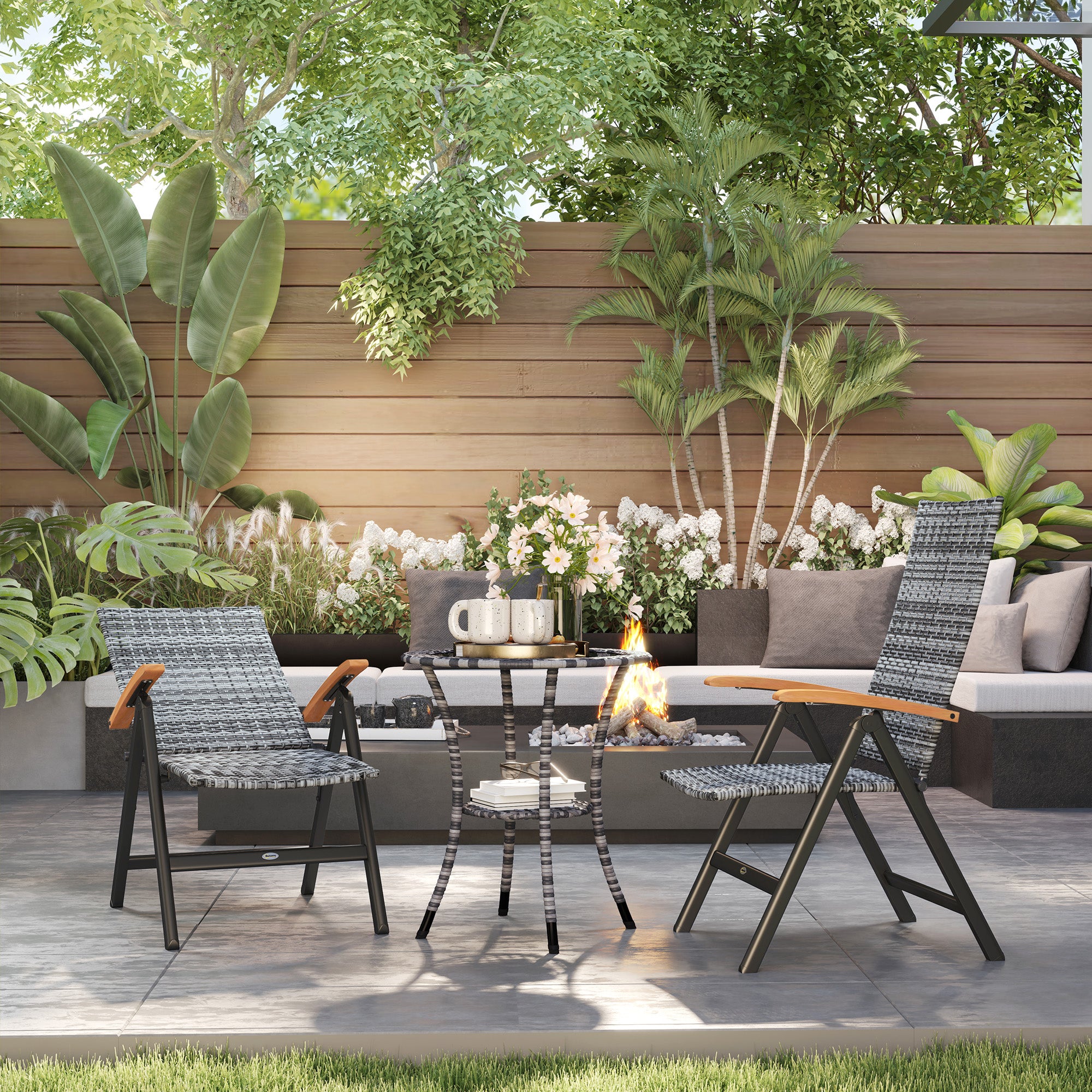 2 Pieces Folding Rattan Garden Dining Chairs with 5-level Reclining High Back, Wood Armrests for Outdoor - Light Grey