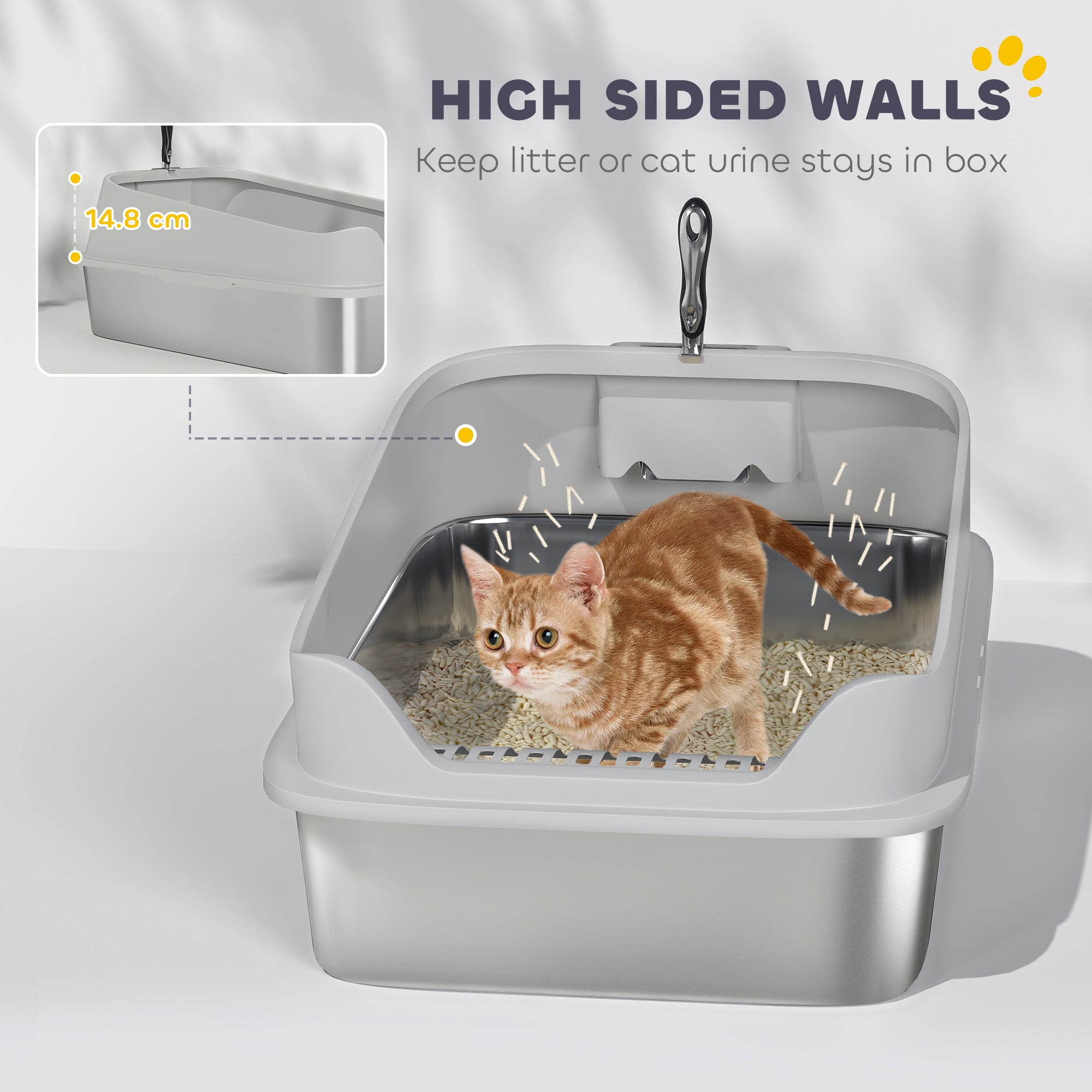XXL Stainless Steel Cat Litter Box with High Sides, Metal Scoop, 70 x 50 x 30 cm