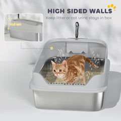 XXL Stainless Steel Cat Litter Box with High Sides, Metal Scoop, 70 x 50 x 30 cm