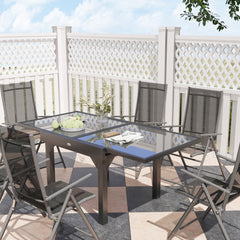 7 Piece Outdoor Dining Set with Extendable Table and 6 Folding Chairs for Patio, Balcony, Deck, Grey