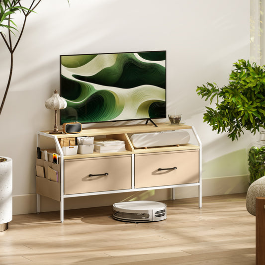 TV Stand Cabinet, TV Unit for 55-inch TVs with 2 Foldable Fabric Drawers, 5 Divided Side Pockets, Open Shelves, Console Table for Living Room, Bedroom, Entertainment Room, Natural Wood Finish