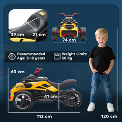 AIYAPLAY 12V Kids Electric Ride On Car with 3 Wheeler, MP3 Player, Horn, 2 Speeds, LED Lights for Boys & Girls Ages 3-8, Yellow