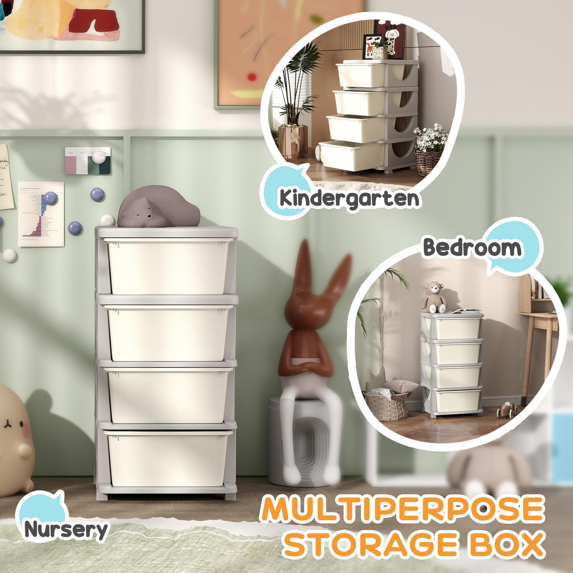 Four-Tier Kids Storage Boxes, with Four Drawers - White