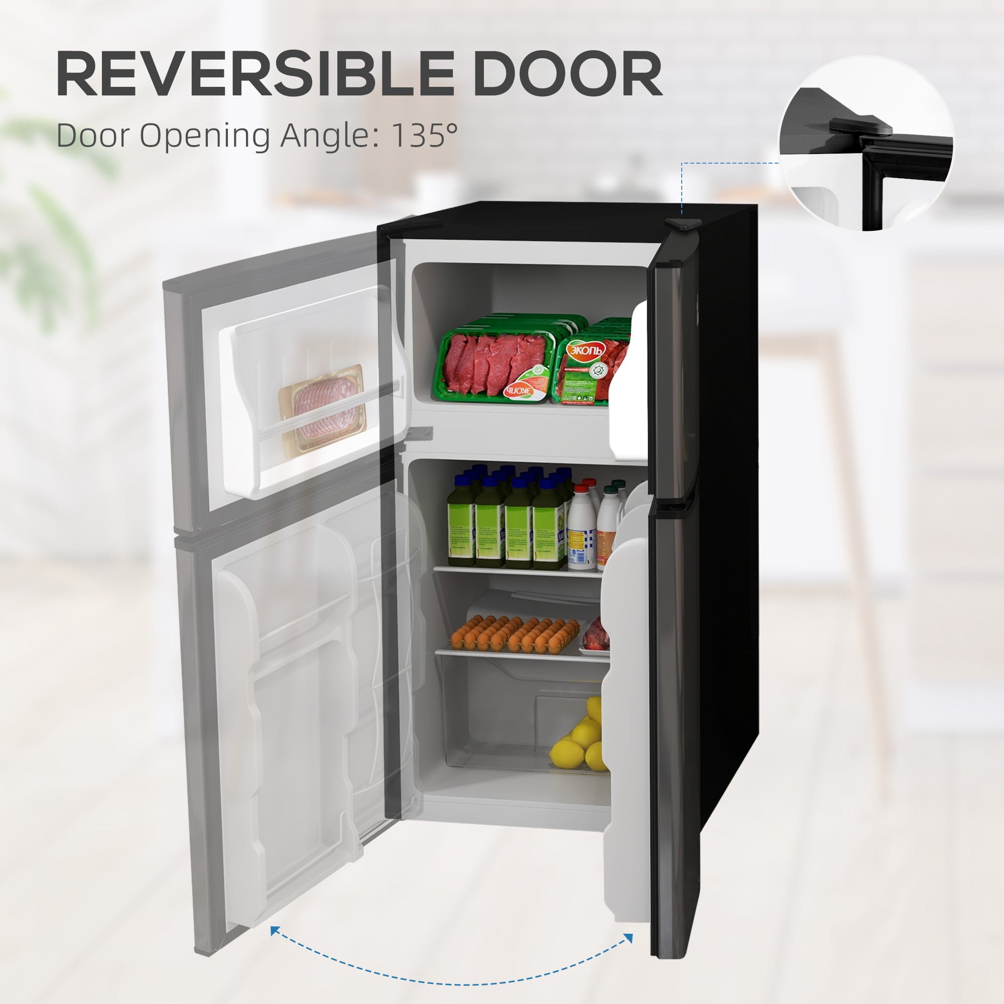 Fynco - 88L Under Counter Fridge Freezer, Small Refrigerator with 5-Setting, 3 Star Freezer Rating, Black and Silver Tone