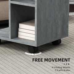 C-Shape End Table Unique Storage Unit w/ 2 Shelves 4 Wheels Freestanding Home Office Furniture Cabinet Square Studio Grey
