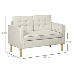 Modern Loveseat Sofa, Compact 2 Seater Sofa with Hidden Storage, 117cm Tufted Cotton Couch with Wood Legs, Cream White