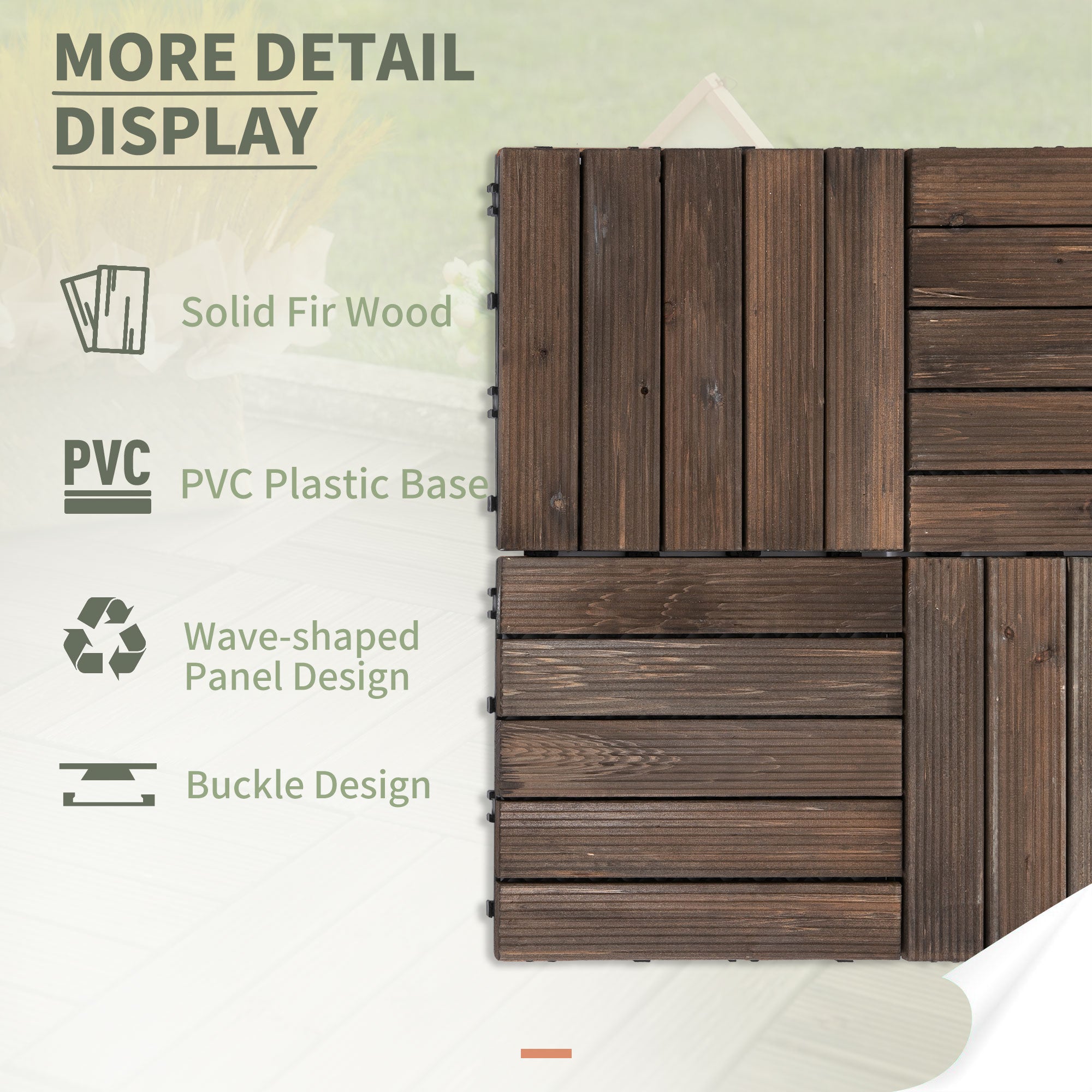 27 Pcs Solid Wood Interlocking Decking Tiles For Patio, Balcony, Roof Terrace, Hot Tub, Black, (30 x 30 cm Per Piece)